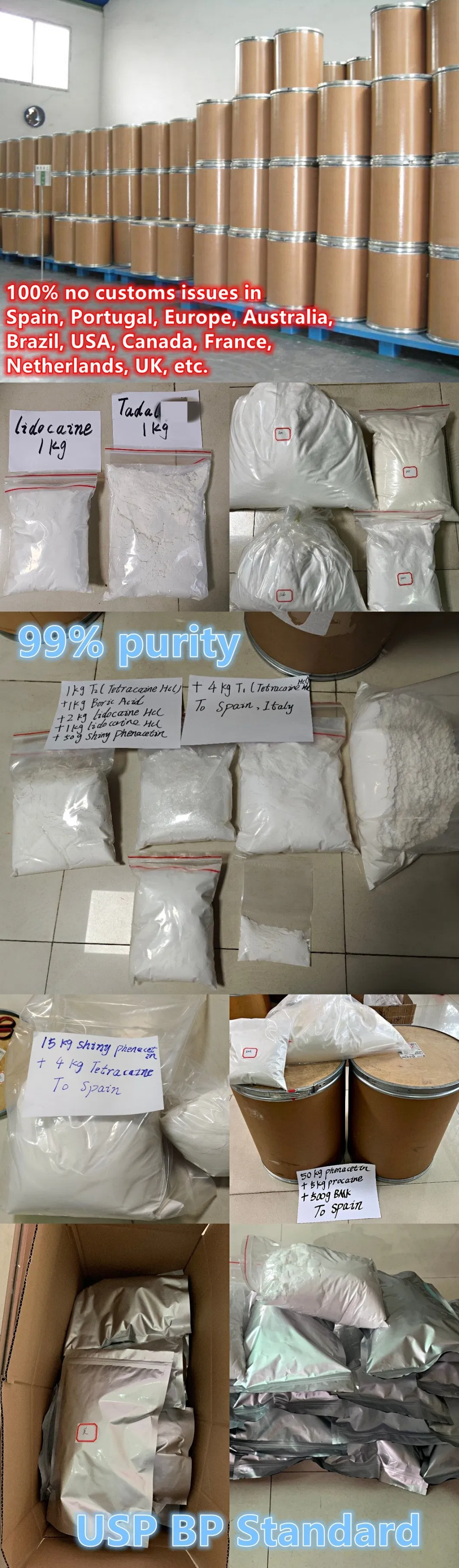 Brasil, Europe, USA, Australia, etc, 99% Pure Lidocaine/Lidocaina/Lidocain/Lido HCl Raw Powder, No Customs Issues Door to Door